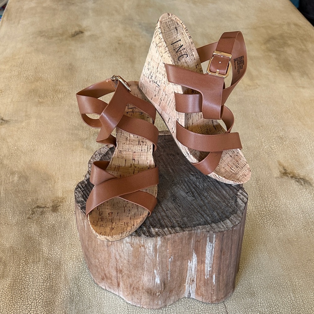 INC Tan Strappy Wedge Sandals - Size 10